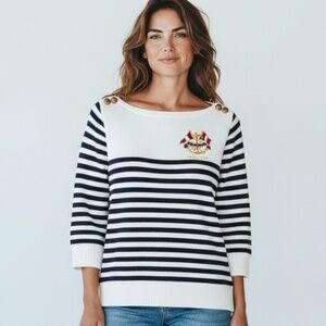 NWT Vintage Ralph Lauren Jeans Striped Crest Knit Cotton Boatneck Sweater sz XL